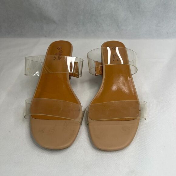 Ophelia Roe Nude Clear Straps Slip On Low Chunky Heel Sandal Size 7 - Picture 2 of 7